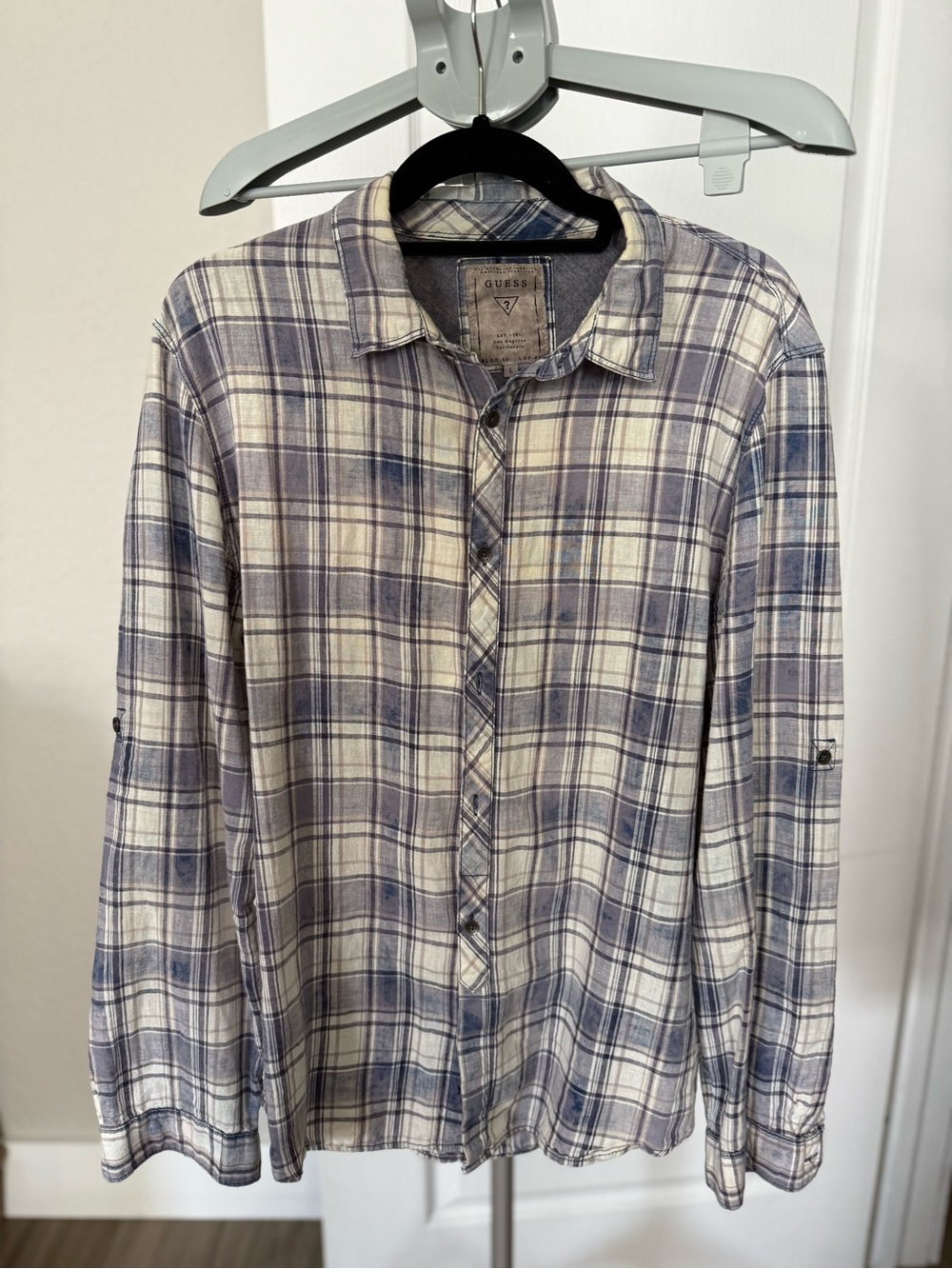 GUESS Men's Blue and White Plaid Button-Down Shirt slim fit